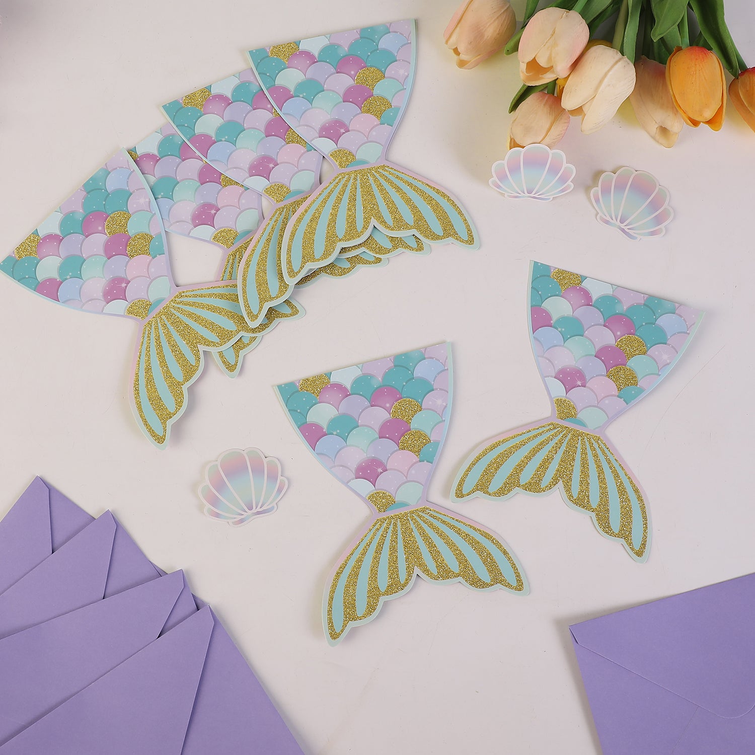Mermaid Tail Party Invitation Set (72 Pcs) – Cards, Envelopes & Stickers