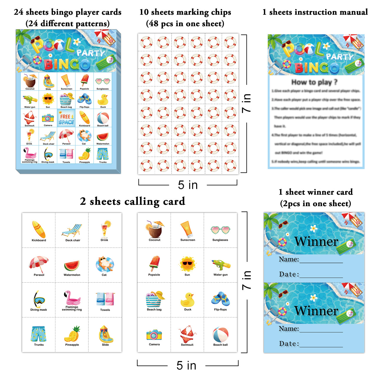 Pool Party Bingo Game Cards Set