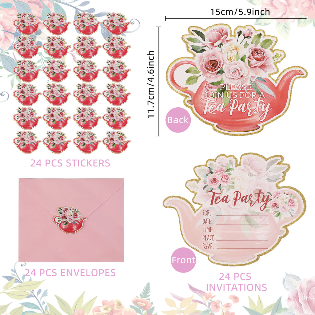 Tea Party Invitation Set (72 Pcs) – Teapot-Shaped Cards, Envelopes & Stickers