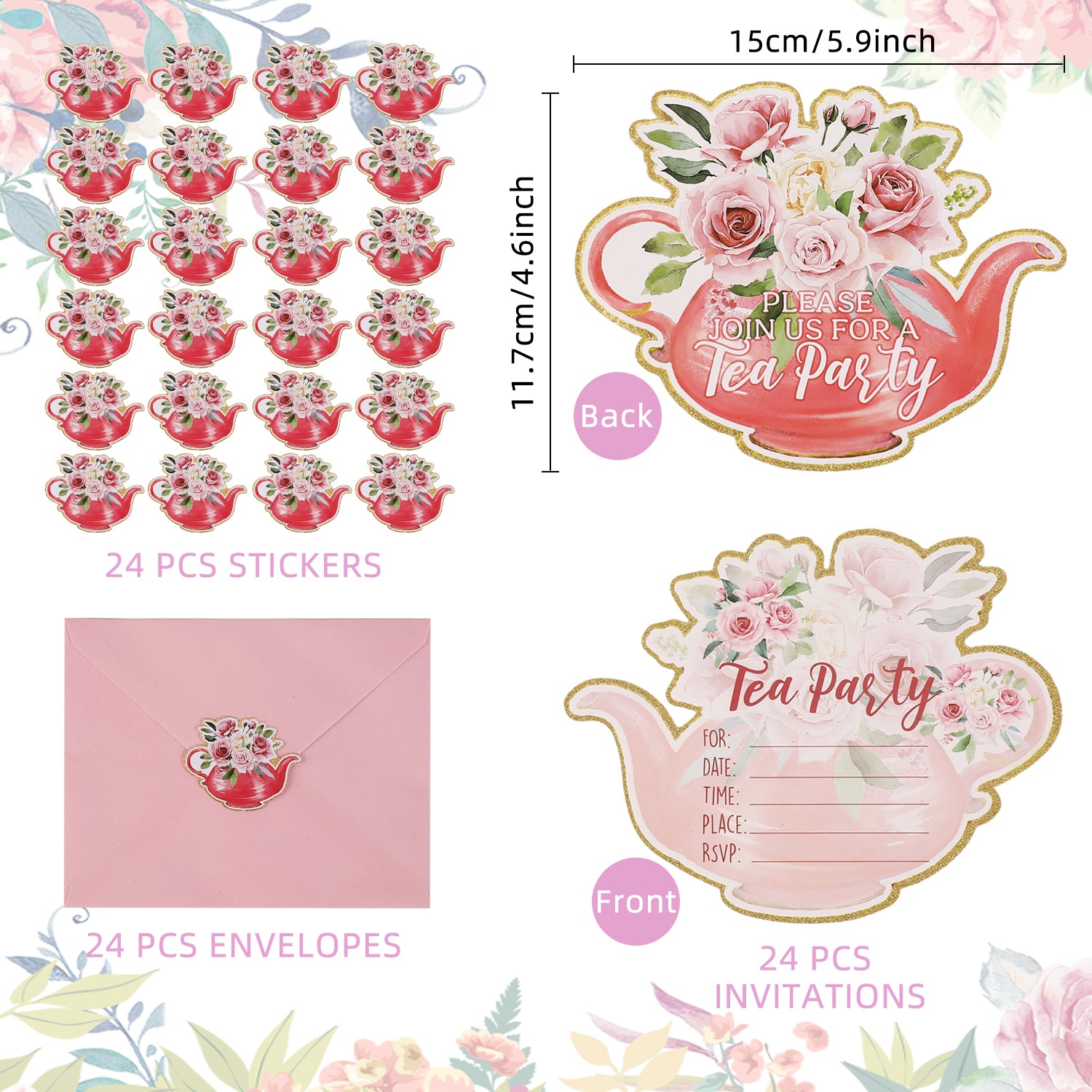 Tea Party Invitation Set (72 Pcs) – Teapot-Shaped Cards, Envelopes & Stickers