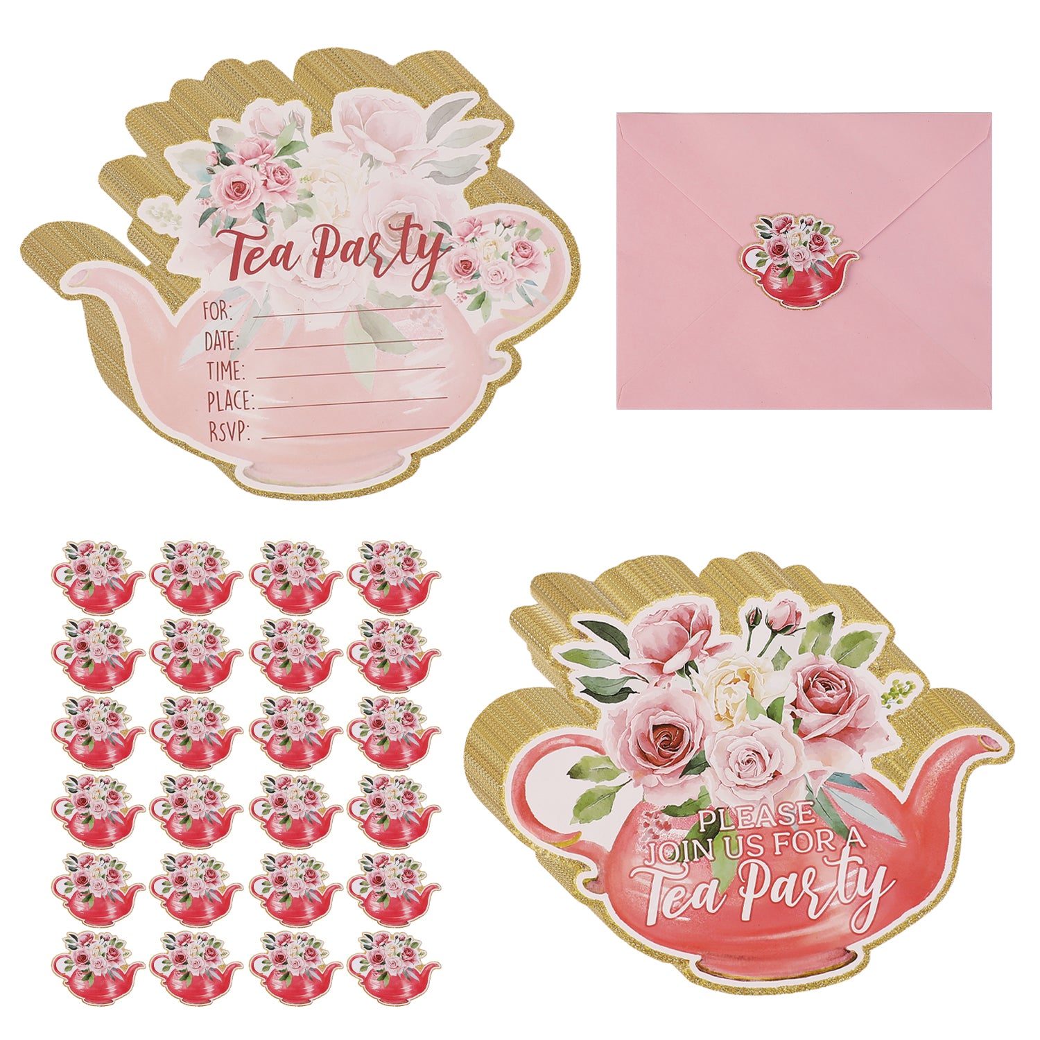 Tea Party Invitation Set (72 Pcs) – Teapot-Shaped Cards, Envelopes & Stickers