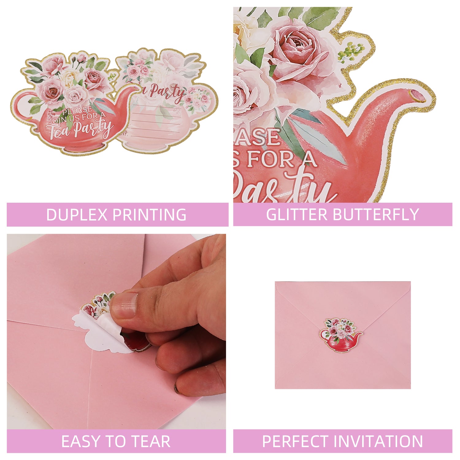 Tea Party Invitation Set (72 Pcs) – Teapot-Shaped Cards, Envelopes & Stickers