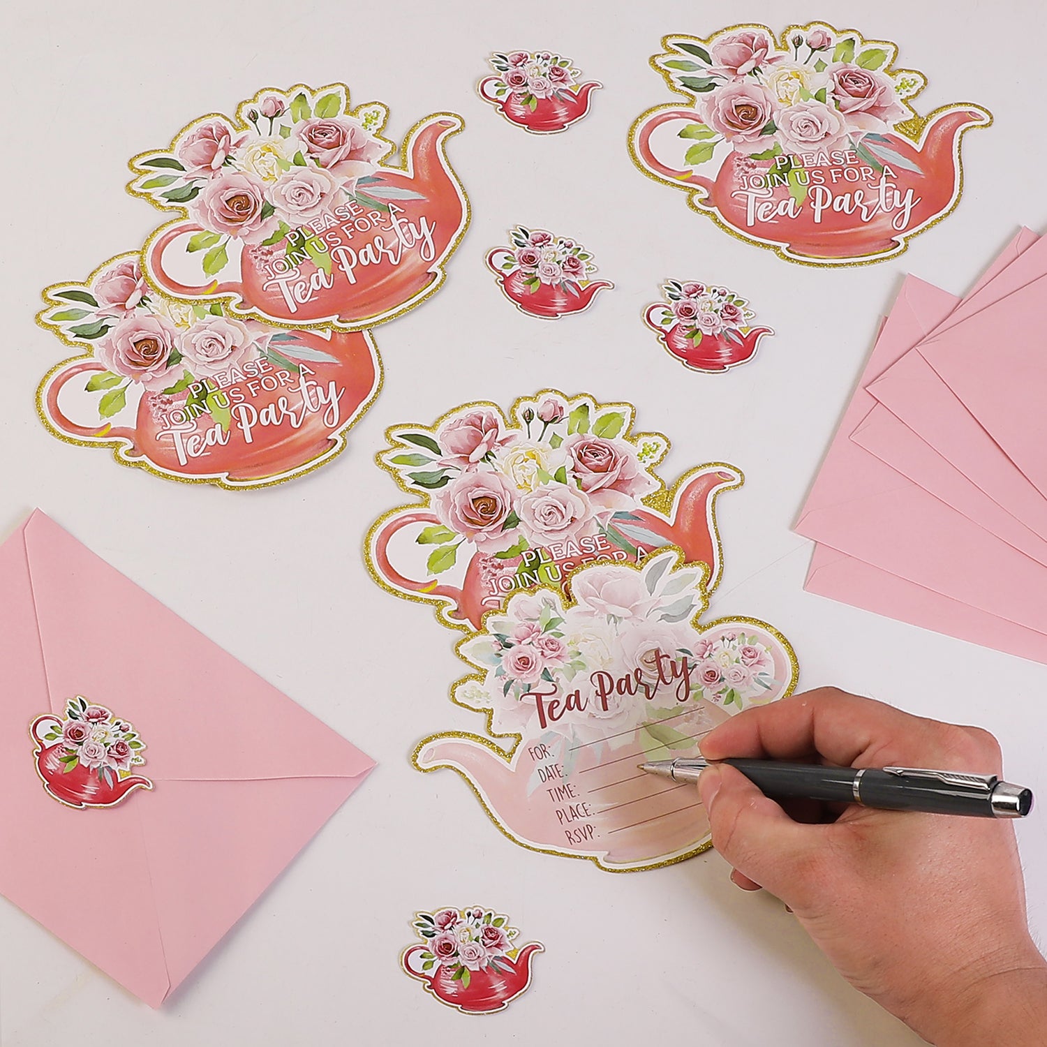 Tea Party Invitation Set (72 Pcs) – Teapot-Shaped Cards, Envelopes & Stickers