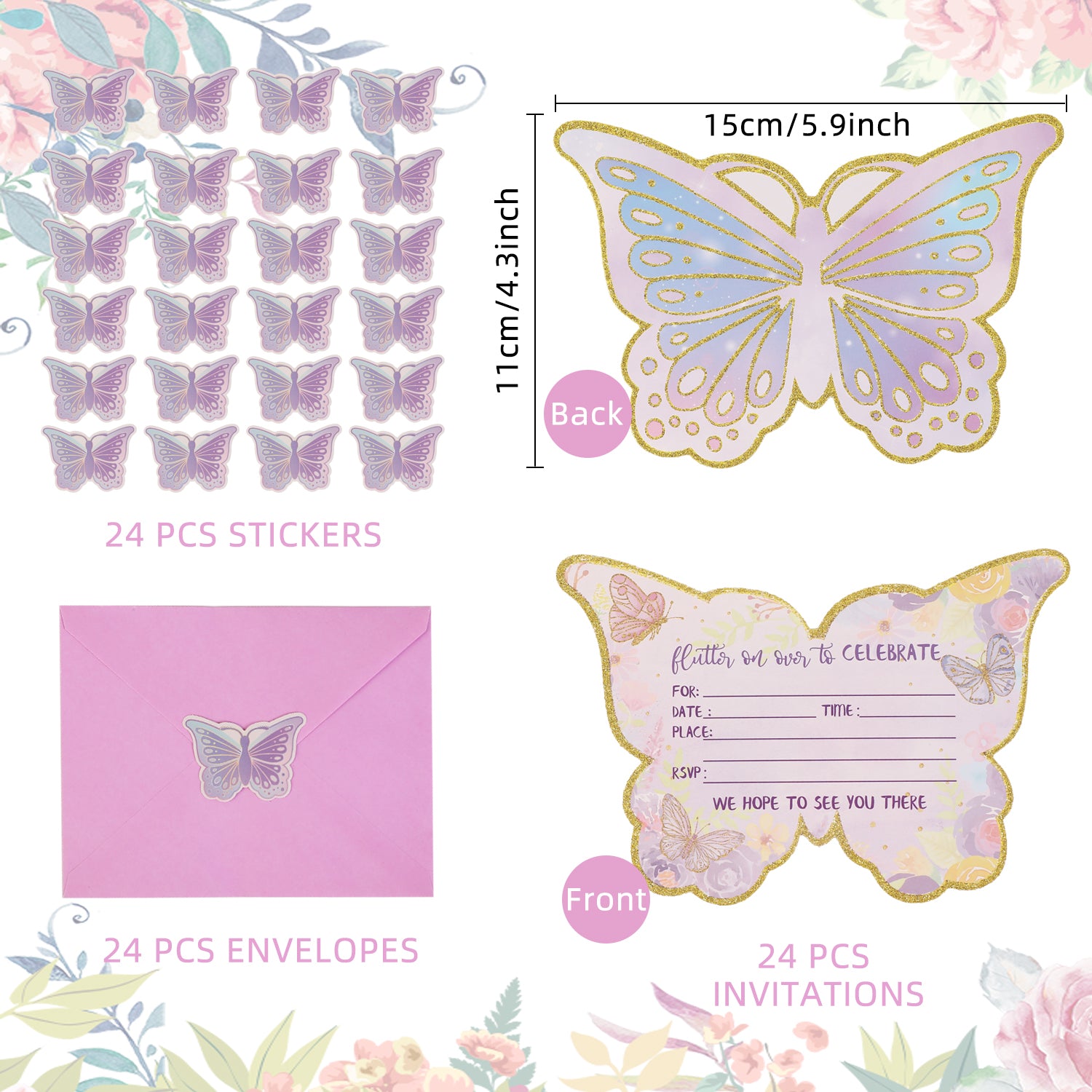 Butterfly Party Invitation Set (72 Pcs) – Cards, Envelopes & Stickers