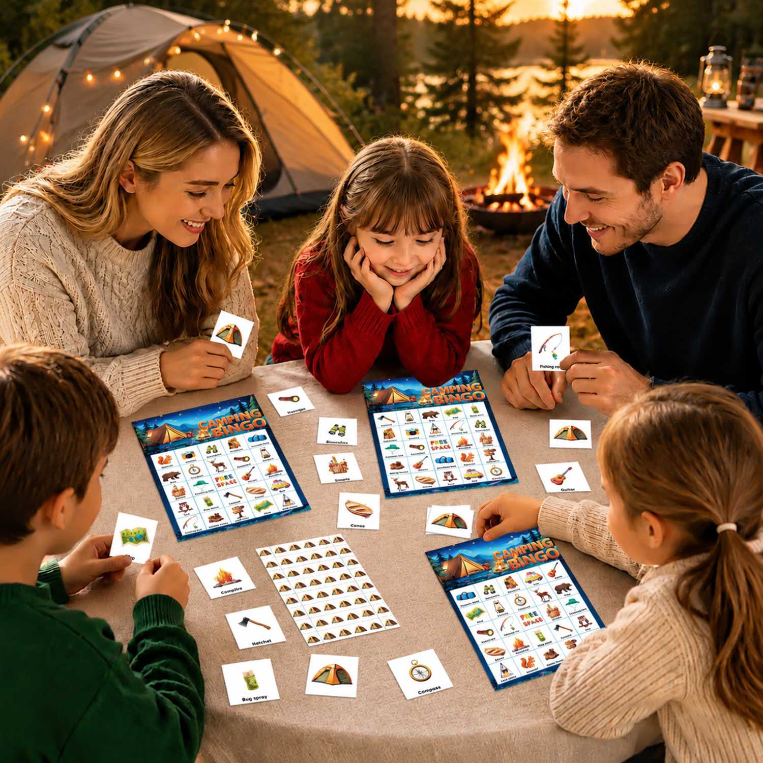 Camping Bingo Game Cards Set