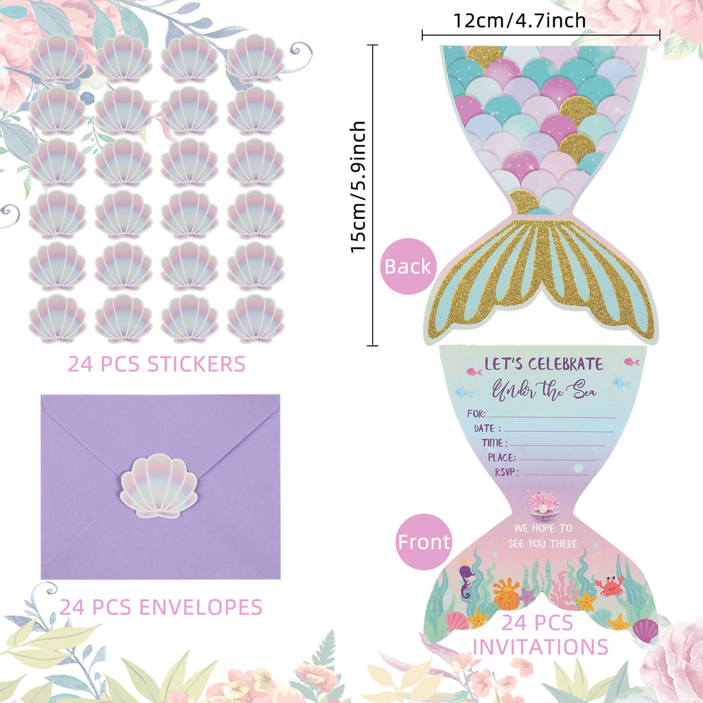Mermaid Tail Party Invitation Set (72 Pcs) – Cards, Envelopes & Stickers