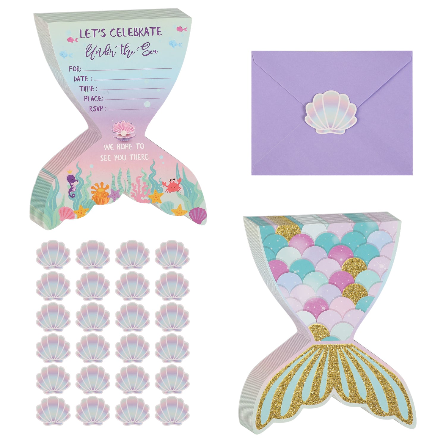 Mermaid Tail Party Invitation Set (72 Pcs) – Cards, Envelopes & Stickers