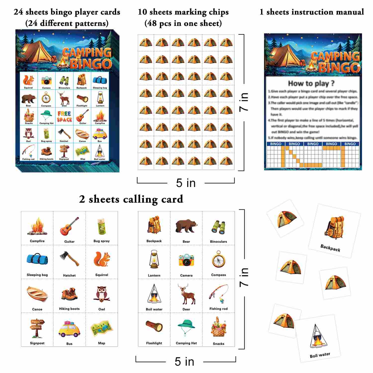Camping Bingo Game Cards Set