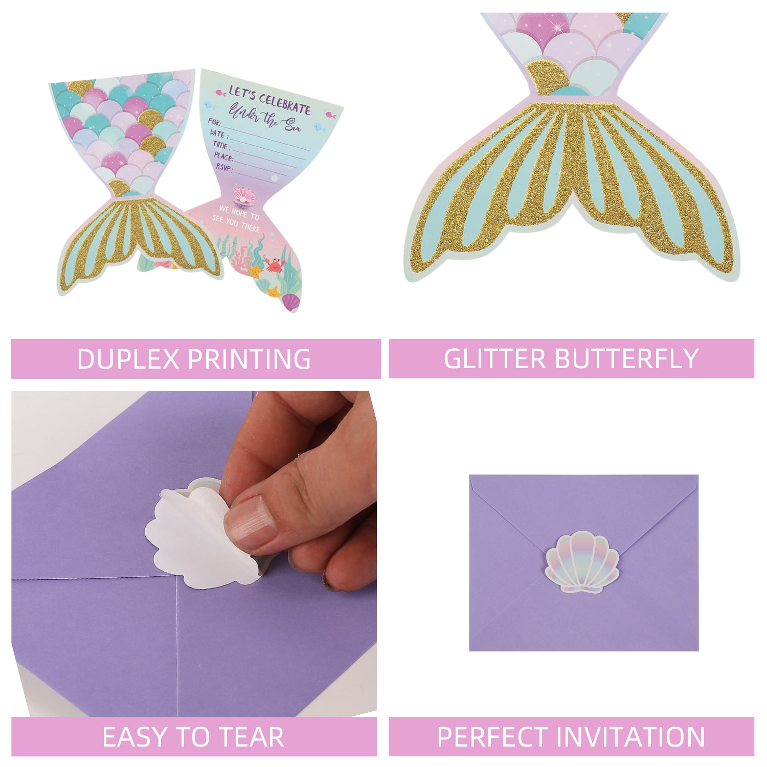Mermaid Tail Party Invitation Set (72 Pcs) – Cards, Envelopes & Stickers