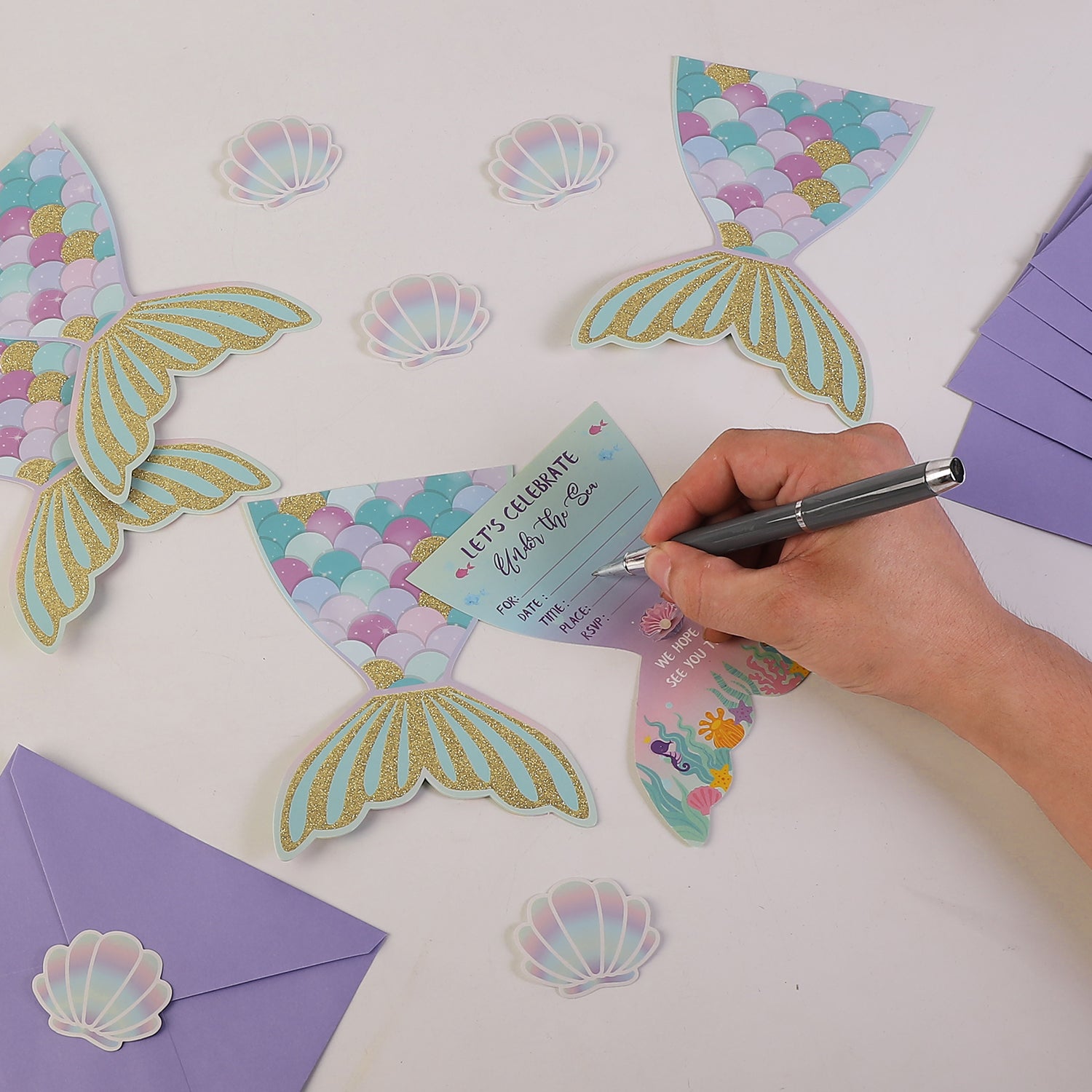 Mermaid Tail Party Invitation Set (72 Pcs) – Cards, Envelopes & Stickers