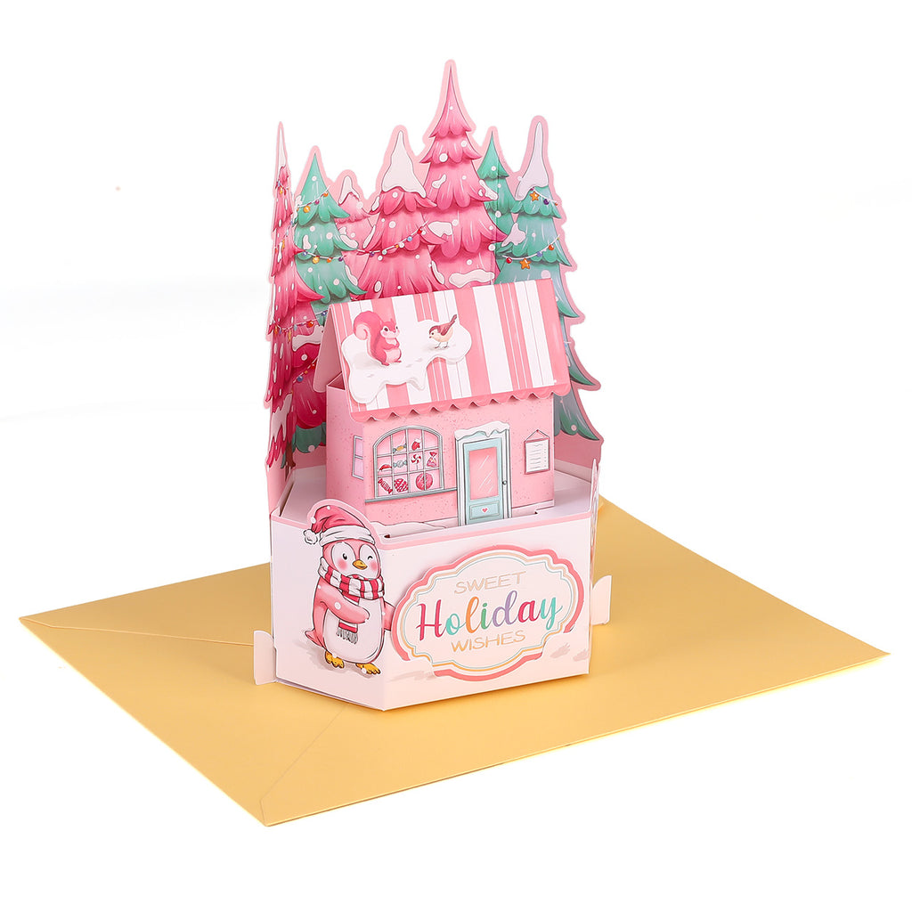 Christmas Penguin & Winter Cabin Pop Up Card
