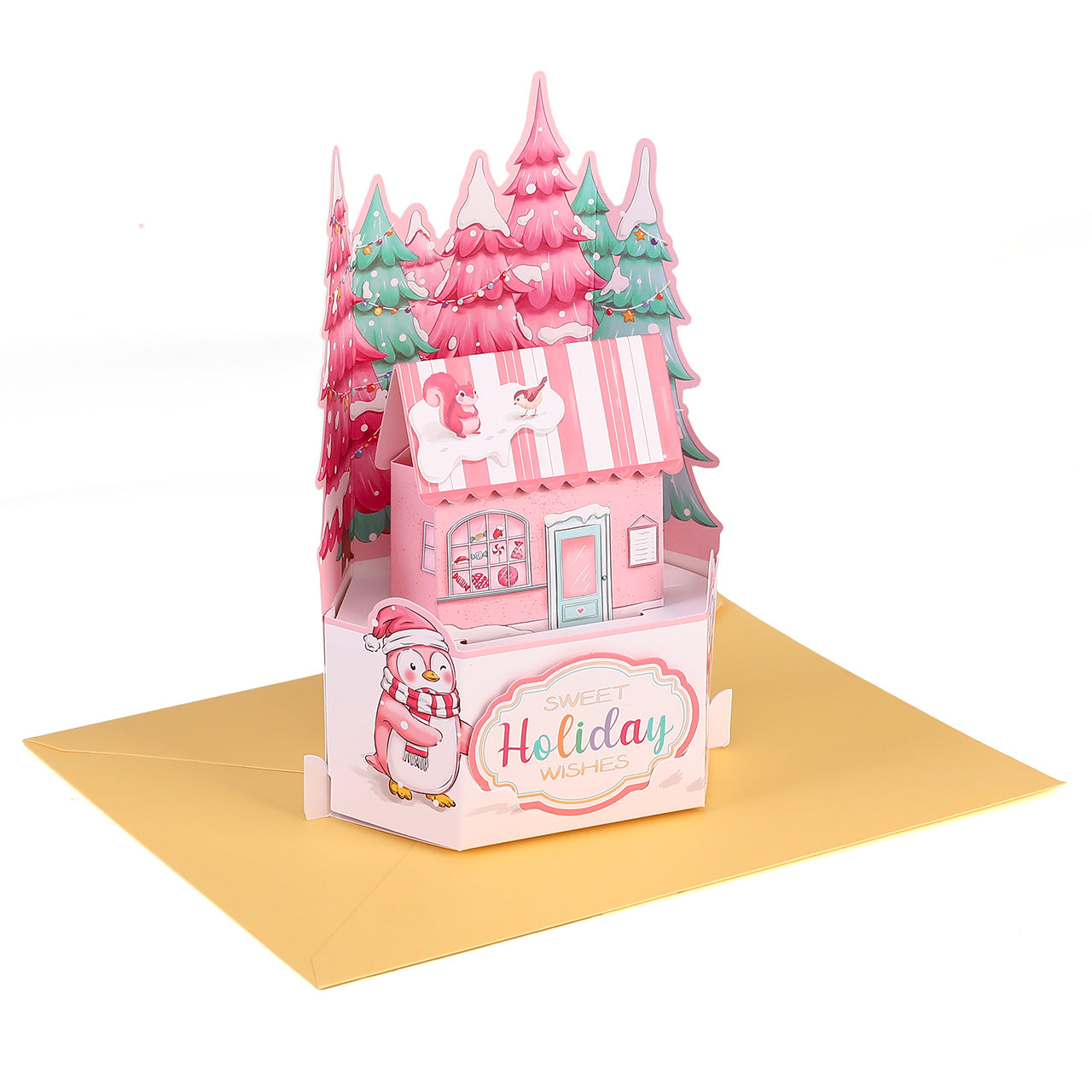 Christmas Penguin & Winter Cabin Pop Up Card