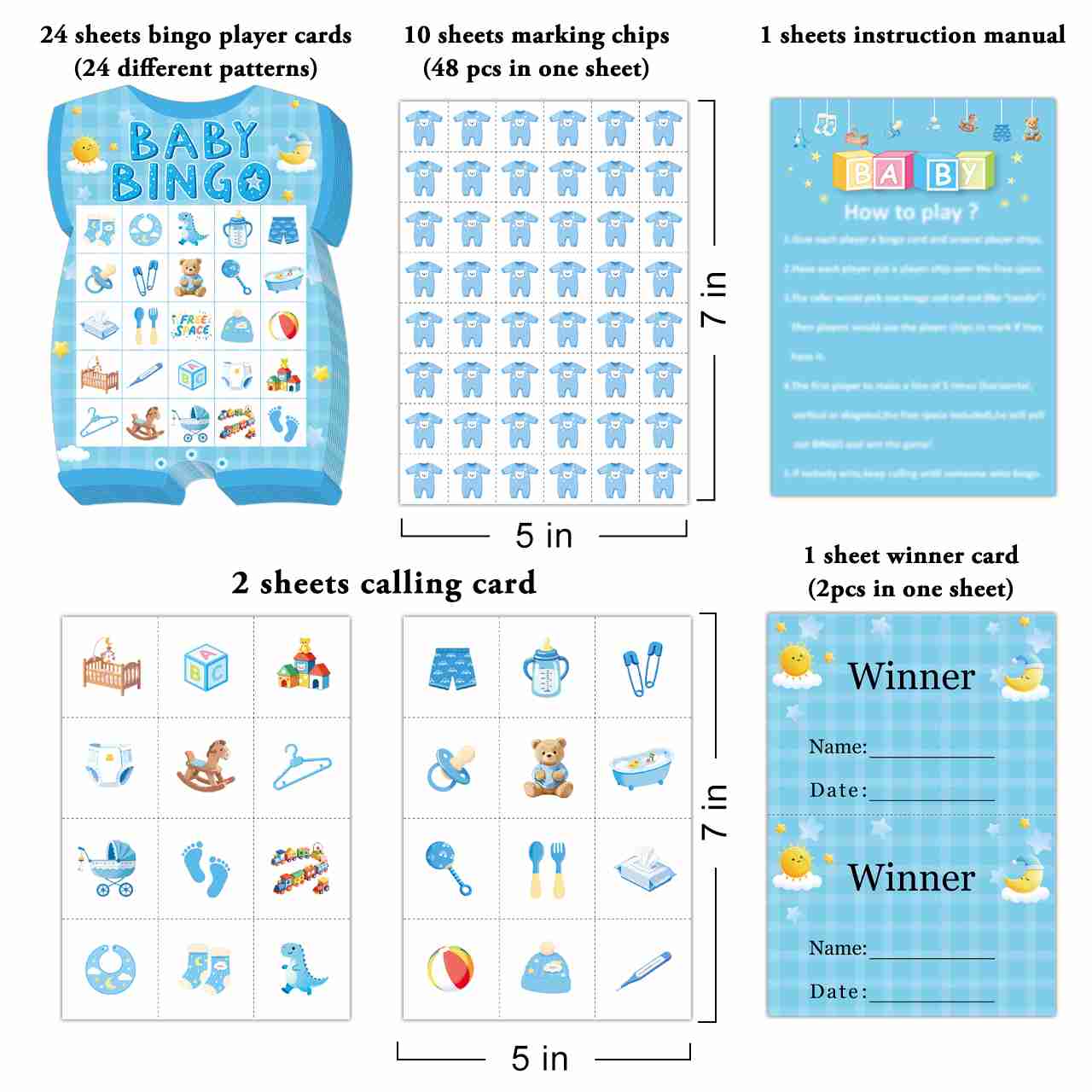 Baby Boy Shower Bingo Game Card Set